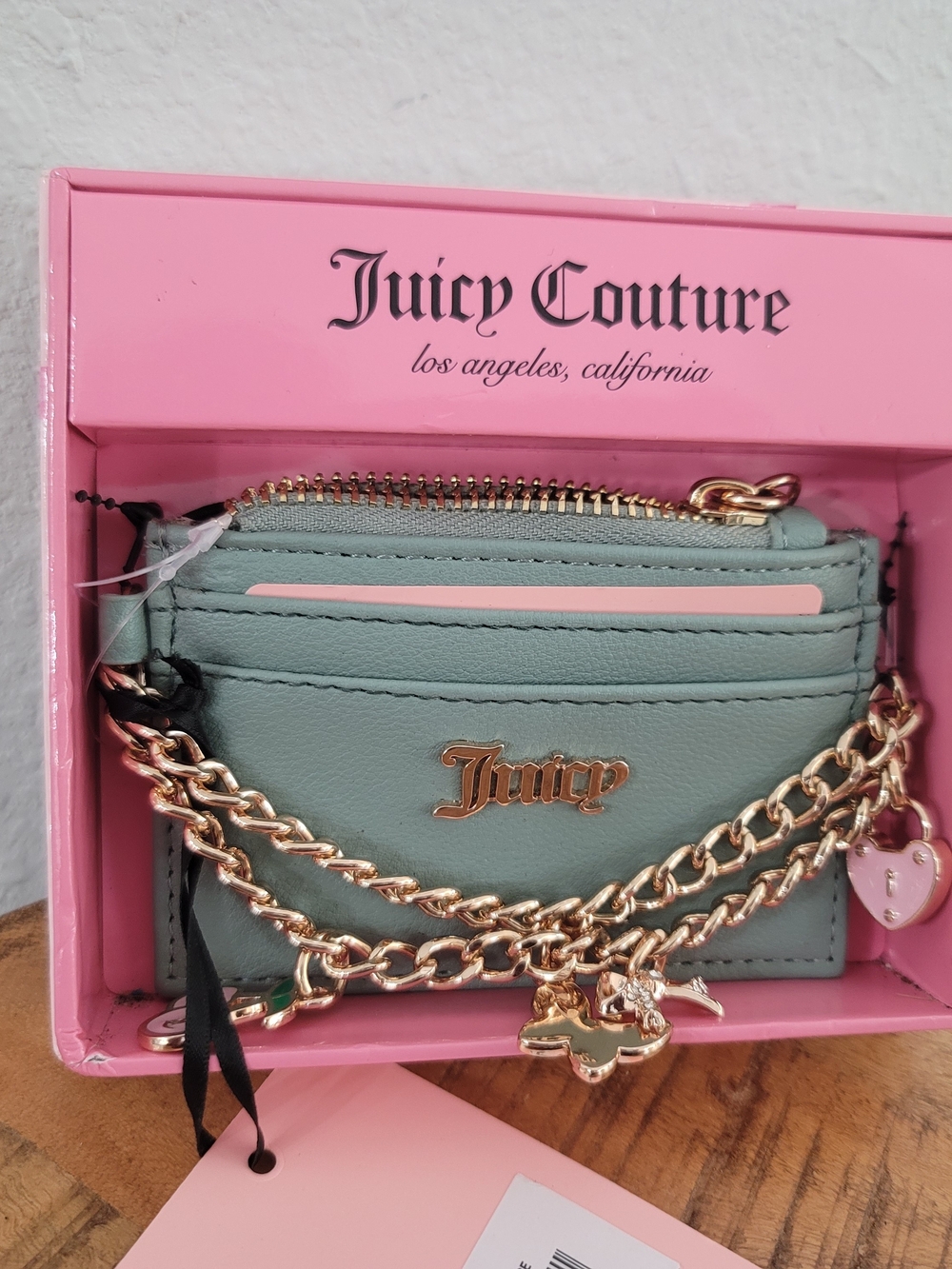 Juicy Couture Mint Cardholder Wallet with Rose Gold Chain Accents